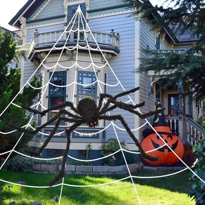 Produktbild von Halloween Deko Outdoor 5m Riesiges Spinnennetz & 150cm Gigantische Spinne für Garten & Party
