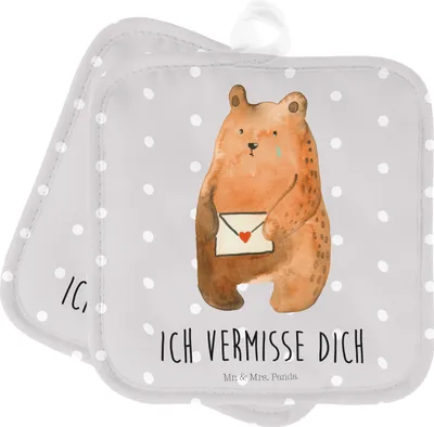 Produktbild von Mr. & Mrs. Panda Topfuntersetzer Bär Liebesbrief - Grau Pastell - Geschenk, Freundin, topfhalter, Topflappen Set, Vermissen, Sehnsucht, 2er, Liebeskummer, Topflappenset