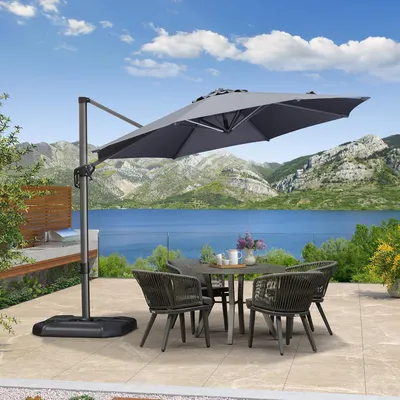 Produktbild von PURPLE LEAF 300 cm Sonnenschirm groß Ampelschirm Rund 360-Grad drehbar mit Fußpedal und Kreuzsockel für Terrasse, Balkon Sonnenschutz, Grau