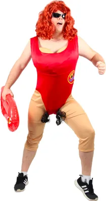 A person wearing a lifeguard costume.