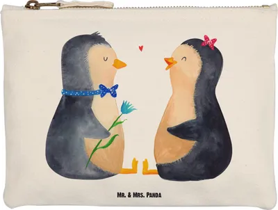 Produktbild von Mr. & Mrs. Panda Stoffbeutel Pinguin Pärchen Größe M - Weiß - Geschenk, Pinguine, Hochzeitsgeschenk, Federtasche, Verknallt, kosmetiktäschchen, Kosmetiktasche, Liebe