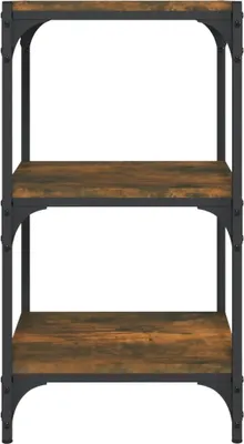 A three-tiered shelf unit with a rustic wood finish and dark metal frame, presented against a white background.
