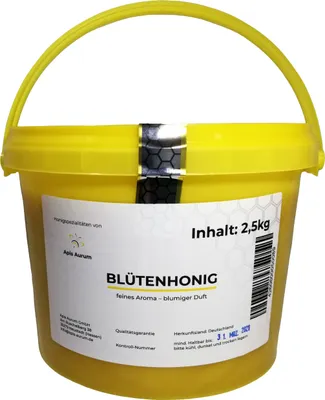 Produktbild von Deutscher Honig im 2,5 kg-Honigeimer. Blütenhonig aus Hessen -  schonend geerntet, schonend verarbeitet, fein gesiebt und ungefiltert