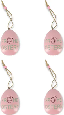 Produktbild von Holz Hase auf Ei rosa - Frohe Ostern 6 x 7,5cm 4 Stück Deko-Hänger Osterhase Osterei Anhänger
