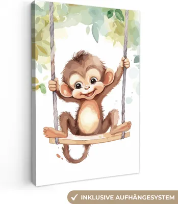 Produktbild von MuchoWow® - Leinwandbilder - Affe - Tier - Kinder - Dschungel, Wandbild, Wanddeko Bilder Wohnzimmer, 40x60 cm