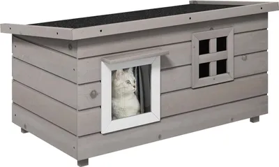 Produktbild von Katzenhaus Katzenhütte Mit Asphaltdach Katzenhöhle Kleintierhaus Mit Fenster Outdoor Winterfest Tannenholz Grau Schwarz 87 X 52 X 48 Cm