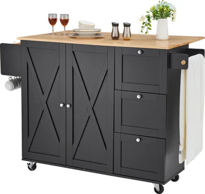 Obrázek produktu pro SucceBuy 56" kuchyňský ostrovní vozík s dřevěnou deskou, mobilní úložná skříňka, pojízdný stůl s odkládacím listem, stojan na koření, držák na ručníky, nastavitelná police, zásuvka a háček, přenosný na kolečkách, černý