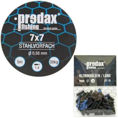 Produktbild von Predax Stahlvorfach 7x7 braun 5m 30kg + 50 Klemmhülsen 1,8mm - Set