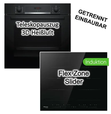 Produktbild von Herdset BOSCH Backofen Hydrolyse 3D Heißluft Pizzafunktion Teleskopauszug + Hisense Induktionskochfeld FlexZone Booster