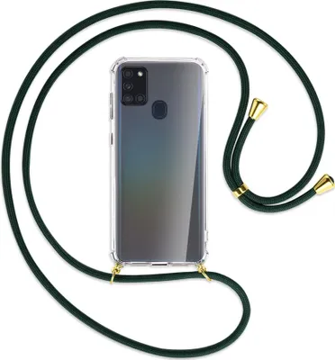 Produktbild von Handykette Backcover-Schutzhülle mit Band (Metall goldfarben) für Samsung Galaxy A21s - dunkelgrün