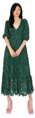 Produktbild von Maya Deluxe Damen Kleid, Midaxi-Länge, V-Ausschnitt, Puffärmel, Spitzenbesatz, A-Linie, für besondere Anlässe
