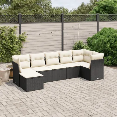 Produktbild von Design 7-tlg. Garten-Sofagarnitur mit Kissen Schwarz Poly Rattan, Gartenmöbel-Sets 2024 Neu