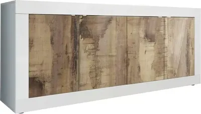 Immagine prodotto di Buffet 4 porte, collezione ISORA, color bianco e rovere chiaro, ideale per un soggiorno o una sala da pranzo moderna
