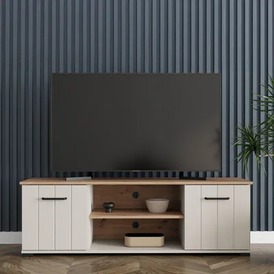 Image de Dmora - Meuble TV, 137x40x44h cm Beige, 2 étagères
