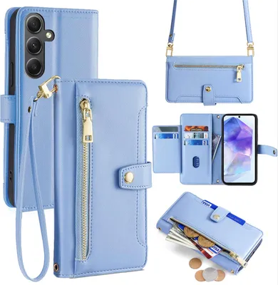 Produktbild von Handykette Samsung Hülle mit Band Handyhülle Kartenfächer Kunstleder Umhängetasche Galaxy A55 Hellblau