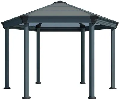 A gray hexagonal gazebo with a transparent roof, shown from a front-facing angle on a white background.