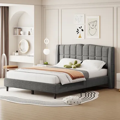 Productafbeelding van AIORBER gestoffeerd bed, 140 x 200 cm, met knoopdesign, inclusief opbergzak, gemaakt van hoogwaardige linnenstof, met lattenbodem (zonder matras), voor de slaapkamer, grijs