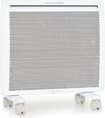 A white electric heater with a perforated front panel and wheels is shown against a white background.