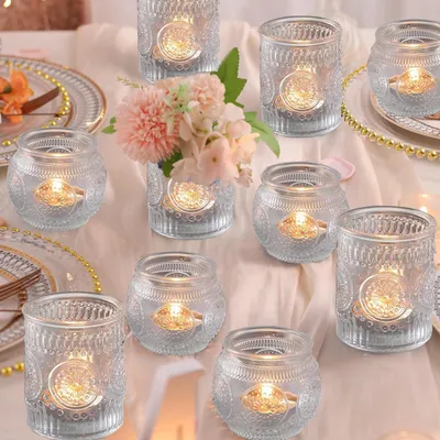 Immagine prodotto di Portacandele a vetro trasparente, stile vintage, confezione da 12 pezzi, ideali per la decorazione della tavola