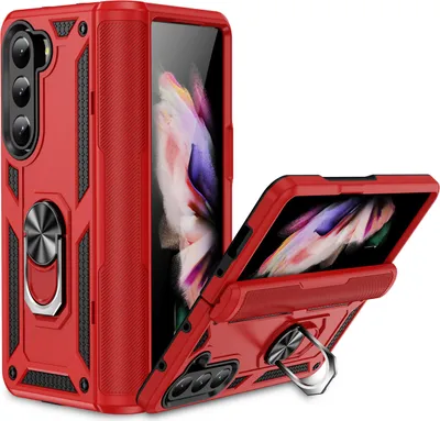 Produktbild von Hülle für Samsung Galaxy Z Fold 5 Dual Layer Militäre Scharnierschutz Schutzhülle mit Ringhalterung Ständer Rot