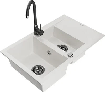 Image de Mexen Gaspar évier en granit 1,5 bac avec égouttoir et mitigeur Telma, blanc - 6507-20-670200-70