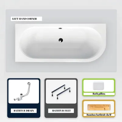 Produktbild von Asymmetrische Badewanne - 160 x 75 cm - Links - ohne Verkleidung - mit Füßen - Kopfstütze - Bambusablage - Ablaufgarnitur Chrom - AVITA
