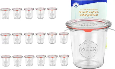 Produktbild von sada 18 sklenic Weck o objemu 580 ml s 18 skleněnými víčky, 18 konzervačními kroužky a 36 svorkami