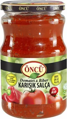 A glass jar of Öncü Tomato and Pepper Paste.