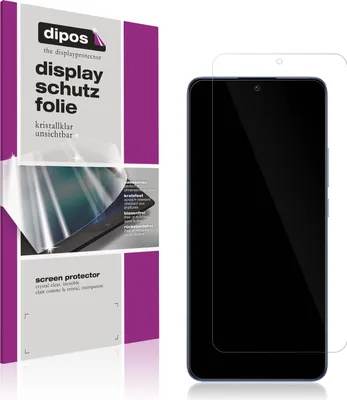 A product package for a screen protector is shown next to a smartphone with a screen protector applied.