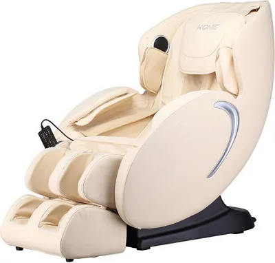 A beige massage chair with a black base, shown from a side-angle against a white background.