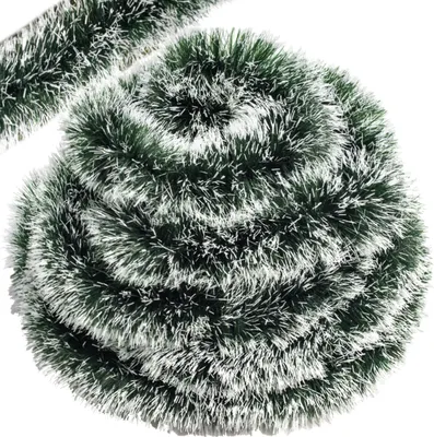A coiled strand of green and white tinsel garland.