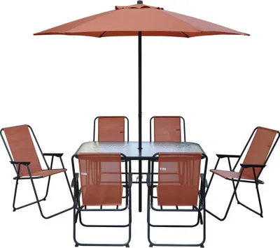 Image de Table et chaises de jardin avec parasol en métal "Convivia" - 6 places - Terracotta