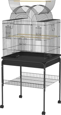 Immagine prodotto di Gabbia per uccelli grande gabbia per pappagalli con vassoio, spazio di stoccaggio, stazione di alimentazione, casetta per uccelli con ruote per canarini, acciaio 63 x 53 x 144 cm nero