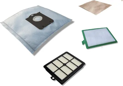 A collection of vacuum cleaner filters and a vacuum bag.