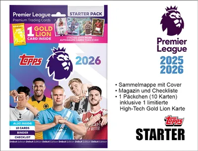 A marketing image for a Topps Premier League 2025/2026 Starter Pack, featuring football players and product details.