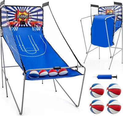 Produktbild von COSTWAY 8 in 1 Basketballautomat, elektrischer Baskeltballständer klappbar, Schießmaschine mit 4 Bällen, Luftpumpe & 8 Spielmodi, Arcade Basketballspiele Kinder für 2 Spieler Blau + Weiß