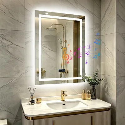 Zdjęcie produktu dla Lustro do łazienki LED - lustro ścienne 60x80 cm - głośnik Bluetooth - możliwość regulacji jasności - antyfogging (przeciwmgielne) - 3 barwy światła - odporne na stłuczenia