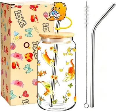 Image de Gobelets en verre pour chats, avec paille et couvercle
