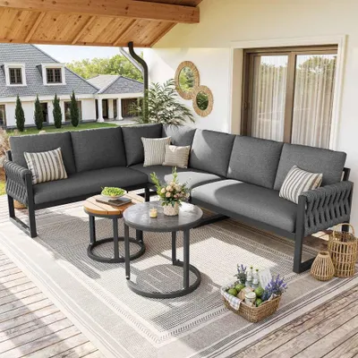 Produktbild von Modulares Gartenlounge-Set für 5-6 Personen, beige, mit verstellbaren Beinen und wasserabweisenden, abnehmbaren Sitz- und Rückenkissen für Balkon und Terrasse.