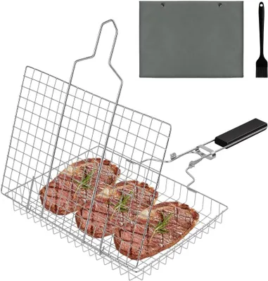 Imagen del producto de Cesta de parrilla de acero inoxidable, plegable, con bolsa y cepillo, ideal para pescado y verduras, para uso en camping