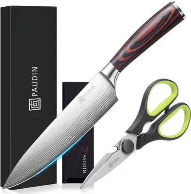 Image de PAUDIN N1 Couteau de Chef Professionnel avec Ciseaux de Cuisine – Couteau de type japonais – Couteau de Cuisine – Couteau de Chef 20 cm – Couteau Damas