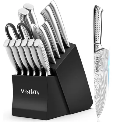 Zdjęcie produktu dla Zestaw noży kuchennych, 17 elementów | Nóż kucharza, nóż Santoku, noże do mięsa, nóż do chleba, uniwersalny nóż, nóż do owoców, nożyce kuchenne, osełka | Stal nierdzewna | Srebrny