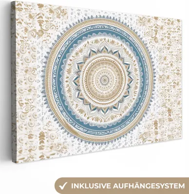 Produktbild von MuchoWow® - Leinwandbilder - Mandala - Blau - Bohème - Weiß - Design, Wandbild, Wanddeko Bilder Wohnzimmer, 120x80 cm