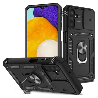 Image de Etui pour Samsung Galaxy A13 5G protection coulissante de l'appareil photo, résistant aux chocs, avec porte-anneau, support et porte-cartes Noir
