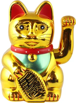 A golden Maneki Neko cat figurine with a red collar and green bib, holding a gold ingot.