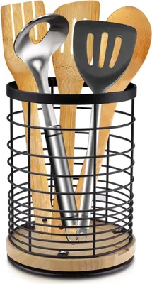 Produktbild von Küchenutensilienhalter Schwarz Drehbar Küchenutensilien Aufbewahrung Utensilienhalter Küche Besteckhalter aus Metall Besteckkorb Organizer für Küche, Arbeitsplatte Aufbewahrung, 13.5*18.6cm