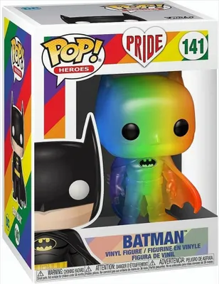 A Funko Pop! vinyl figure of Batman in its original packaging, featuring a rainbow color scheme and Pride branding.