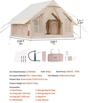 Image de Tente de camping gonflable, design spacieux 3 x 3 m, tissu Oxford 300D résistant, 3 x 3,1 m