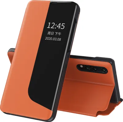A smartphone case is displayed in an open, standing position, showing its front and back.
