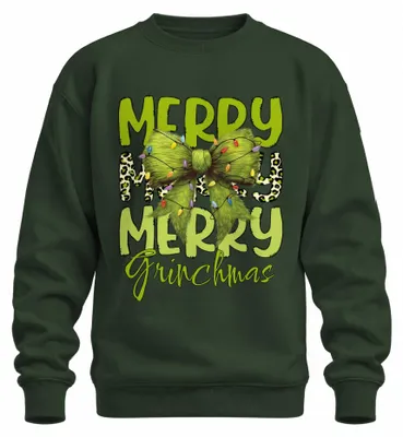 Imagen del producto de "Feliz Grinchmas", lazo verde, diseño divertido, suéter navideño feo, sudadera, color verde botella, talla M